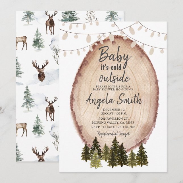 Rustic Woodland Winter Baby Shower String Ljus Inbjudningar (Fram/baksida)