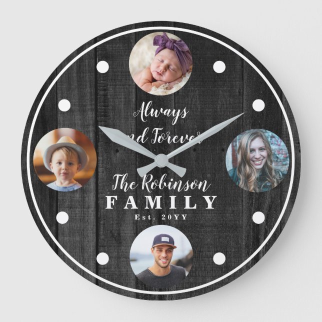 Rustic Woodsy Four Photo Family med citat Stor Klocka (Framsida)