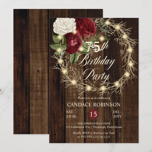 Rustic Woodsy Lighting Wandeand 75:e Födelsedagsfe Inbjudningar (Fram/baksida)