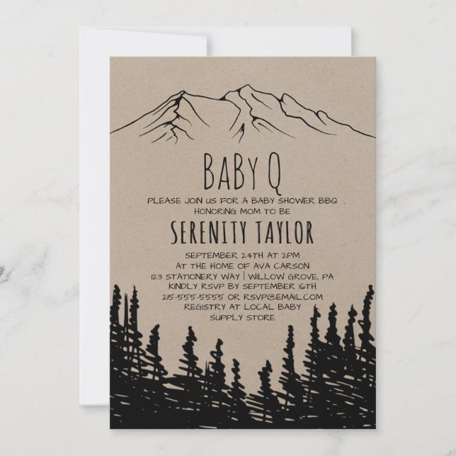 Rustic Woodsy Mountain Baby Q Inbjudningar (Framsida)