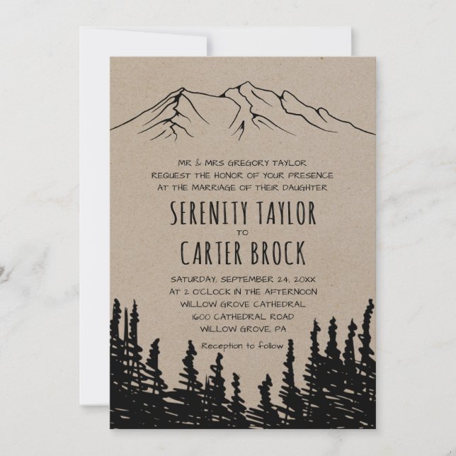Rustic Woodsy Mountain Formal Bröllop Inbjudningar (Framsida)