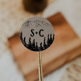 Rustic Woodsy Mountain Monogram Bröllop Kuvert Runt Klistermärke