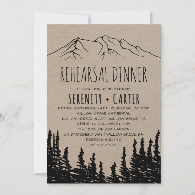 Rustic Woodsy Mountain Rehearsal Dinner Inbjudningar (Framsida)