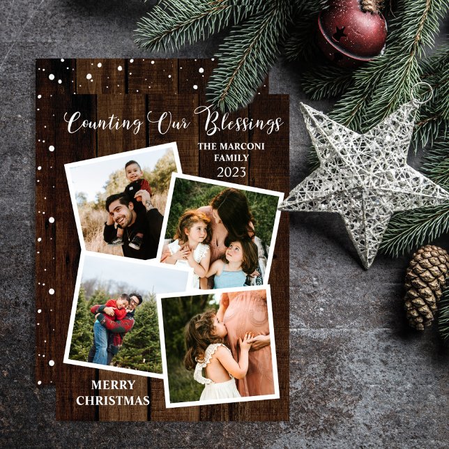 Rustic Woodsy Wood räknar vår välsignelse 4 foto Julkort ("Counting Our Blessings"!  Say "Merry Christmas" in rustic style with this 4 photo holiday card.)