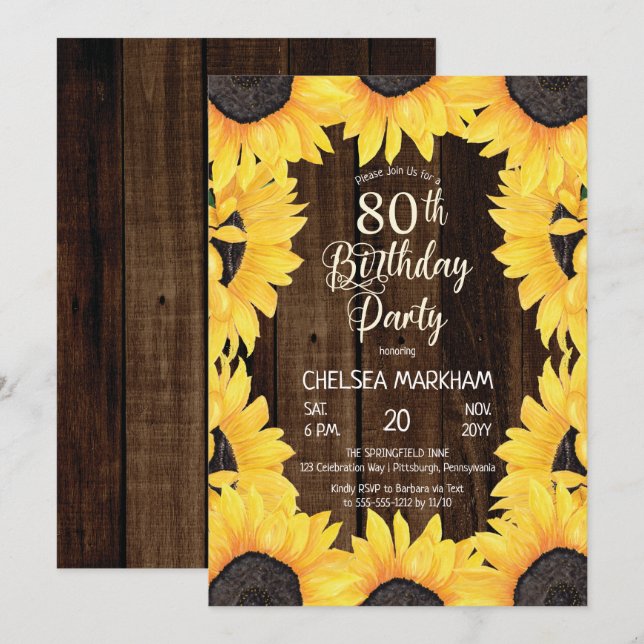 Rustic Woodsy Wood| Solblommor 80:e Födelsedagsfes Inbjudningar (Fram/baksida)