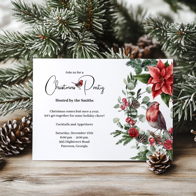 Rustic Wreath Birds Floral Christmas Party Julkort (Skapare uppladdad)