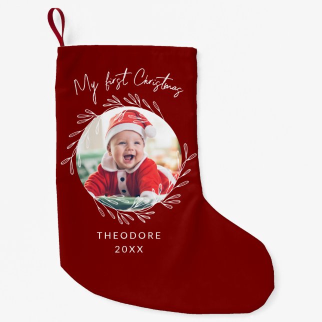 Rustic Wreath Leaf My first Christmas Baby Photo  Liten Julstrumpa (Framsidan)