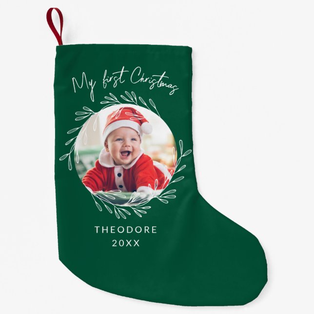 Rustic Wreath Leaf My first Christmas Baby Photo  Liten Julstrumpa (Framsidan)