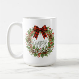 Rustic Wreath Red Black Checkered Bow Holiday Kaffemugg
