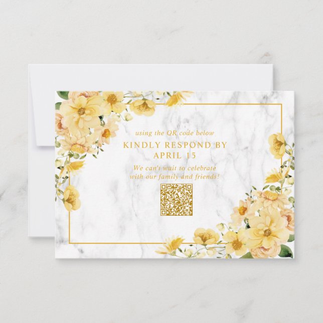 Rustic Yellow Floral Marble QR Code Wedding RSVP OSA Kort (Framsida)