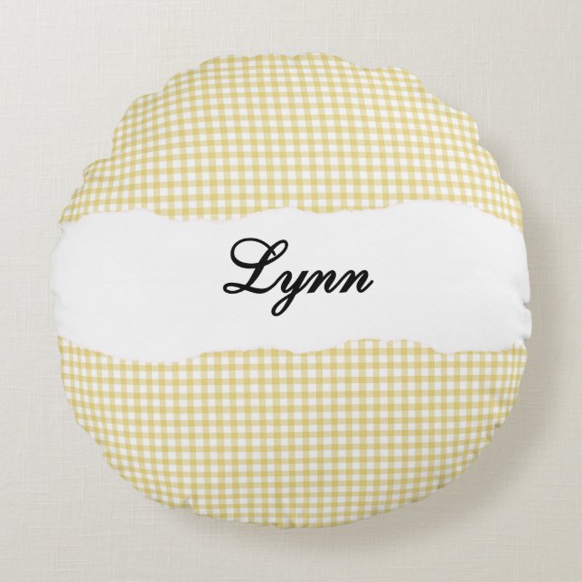 Rustic Yellow Gingham Personalized Name Rund Kudde (Framsidan)