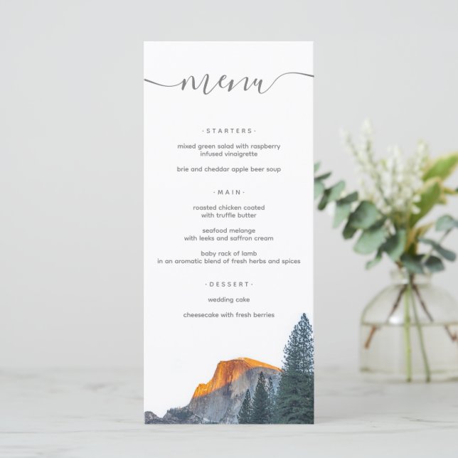 Rustic Yosemite Half Dome Sunset Wedding Meny (Stående Fram)