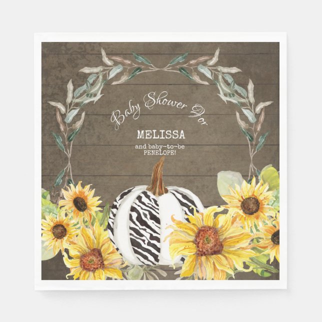 Rustic Zebra White Pumpkin Solblommor Baby Shower Pappersservett (Framsidan)