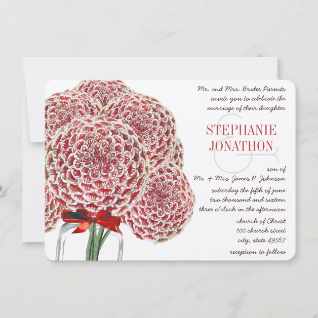 Rustic Zinnia Red Mason Burk Vild Flower Bröllop Inbjudningar (Framsida)