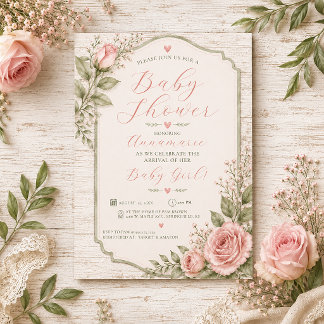 Rustica Rosa Rosa Baby Girl Baby Shower | Inbjudningar