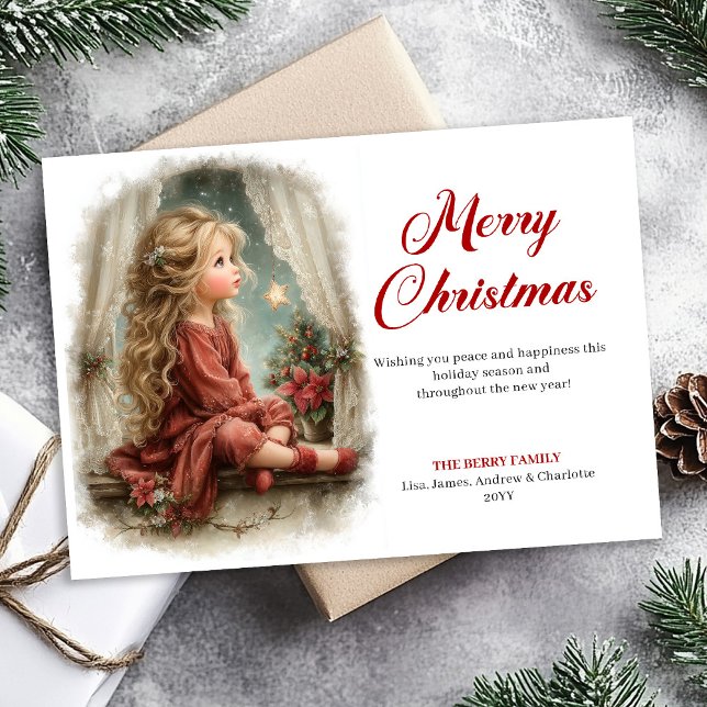 Rusticmode Little Girl Awaits Santa Digital   Julkort (Bring the magic of Christmas Eve to your holiday greetings with this vintage watercolor card featuri)
