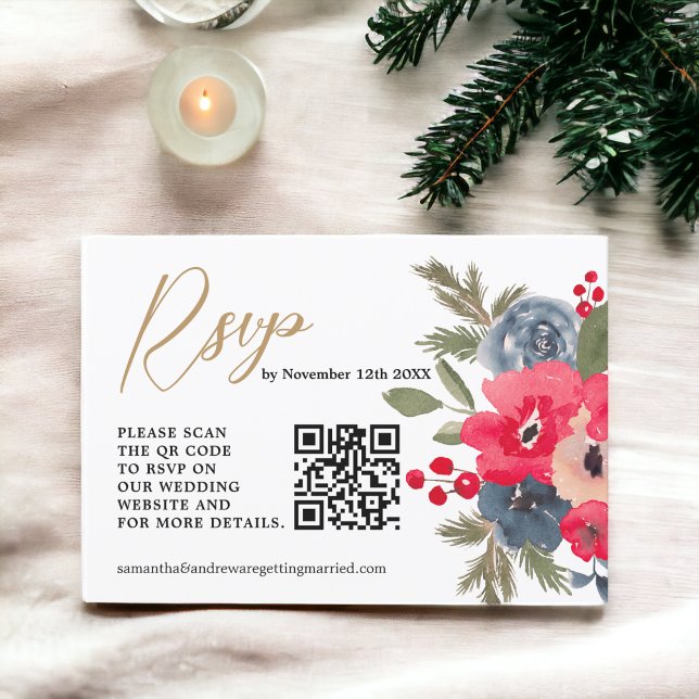 RusticWinter Blommigt Watercolor Bröllop OSA qr (RusticWinter Floral Watercolor Wedding Rsvp qr)