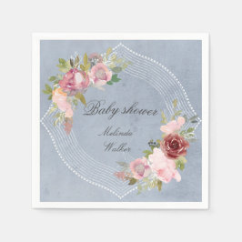 Rustig babydusch för rosa av burgundisk blommigt i pappersservett