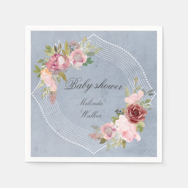 Rustig babydusch för rosa av burgundisk blommigt i pappersservett (Framsidan)