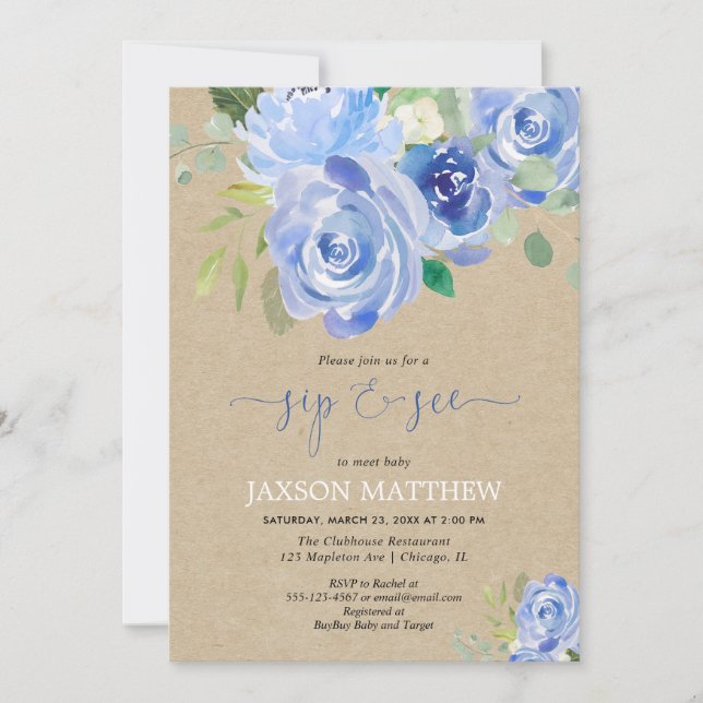 Rustig Babypojke klipp och titta blå blommig akvar Inbjudningar (Framsida)