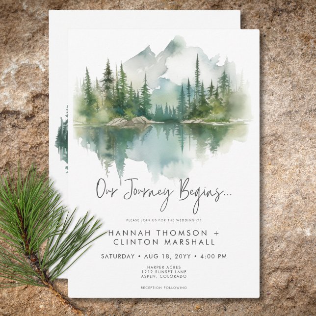 Rustig bergsskena Sjö Watercolor Bröllop Inbjudningar (Rustic Mountain Lake Scene Watercolor Wedding Invitation)