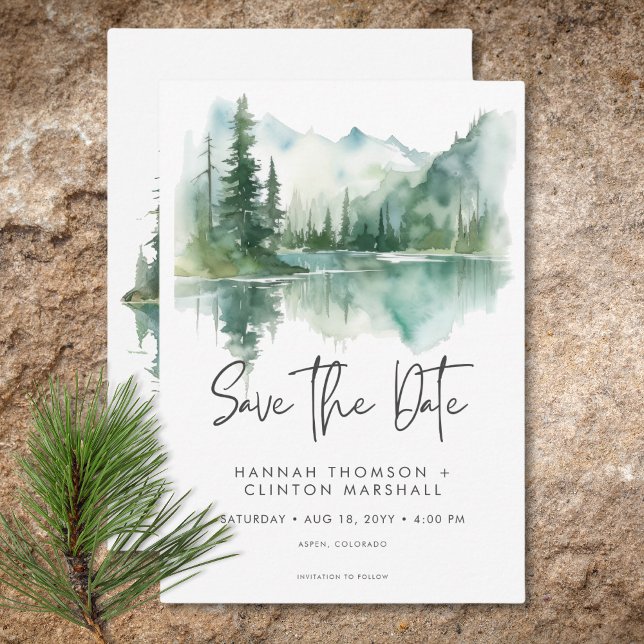 Rustig bergsskena Sjö Watercolor Bröllop Spara Datumet (Rustic Mountain Lake Scene Watercolor Wedding Save The Date)
