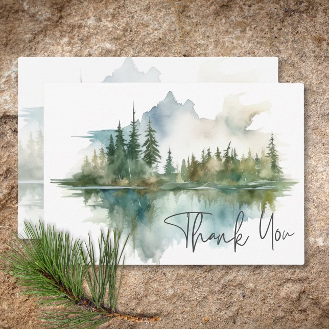 Rustig bergsskena Sjö Watercolor Bröllop Tack Kort (Rustic Mountain Lake Scene Watercolor Wedding Thank You Card)