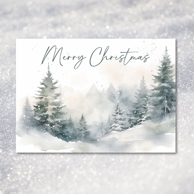 Rustig bergsvinterscen - vattenfärg jul julkort (Rustic Mountain Winter Scene Watercolor Christmas Holiday Card)