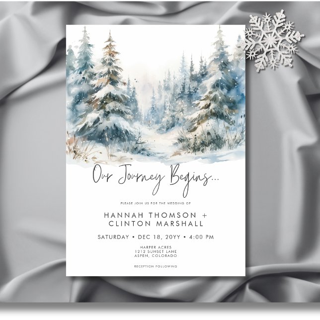 Rustig bergvinter Winter Scene Watercolor Bröllop Inbjudningar (Rustic Mountain Winter Scene Watercolor Wedding Invitation)