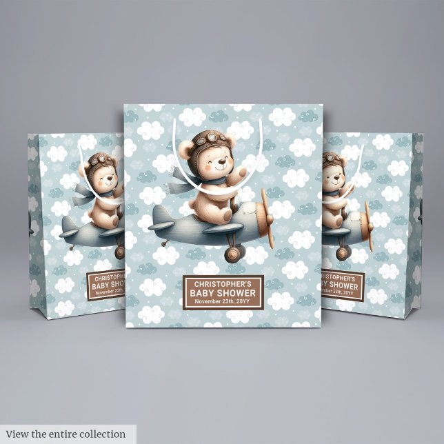 Rustig blå babystöttsedel med skulpturspilot (Rustic Blue Baby Shower Gift Bag With Bear Pilot)