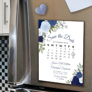 Rustig blå Blommigt Spara datumkalendermagnet