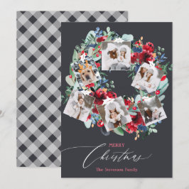 Rustig blommigt grått 6 foton Julkrans Julkort