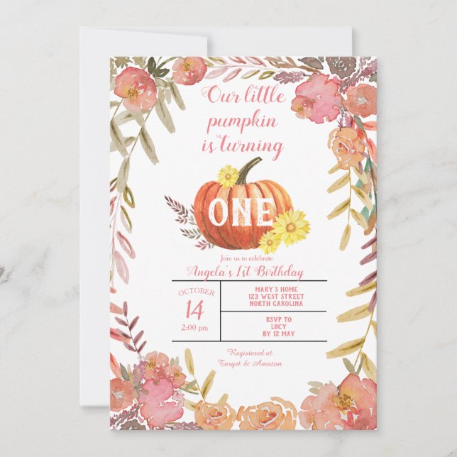 Rustig Blommigt Lilla Pumpkin faller första födels Inbjudningar (Framsida)
