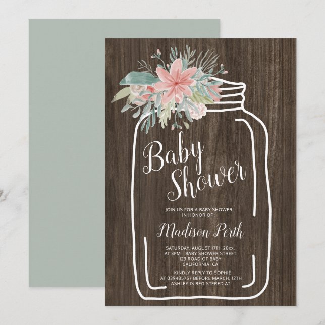 Rustig blommigt Mason burk manusdusch Inbjudningar (Fram/baksida)