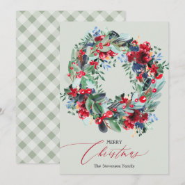 Rustig blommigt röd grönt Julkrans Julkort