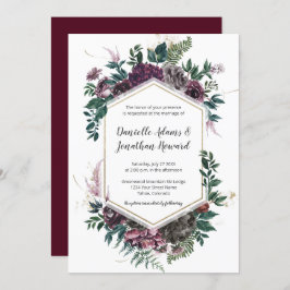 Rustig burgundisk Grått Geometrisk Blommigt Bröllo Inbjudningar