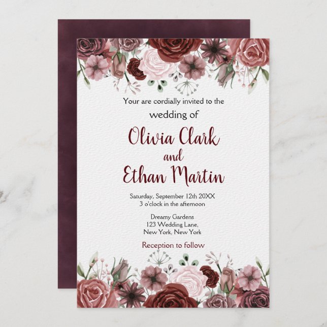 Rustig Burgundy Watercolor-Blommigt Inbjudningar (Fram/baksida)