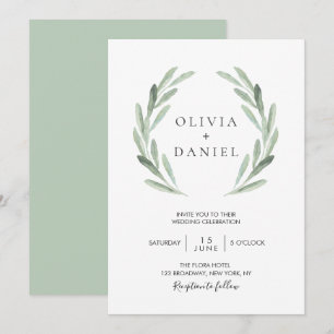 Rustig Elegant Olive Löv krans, kärlkramp Bröllop Inbjudningar
