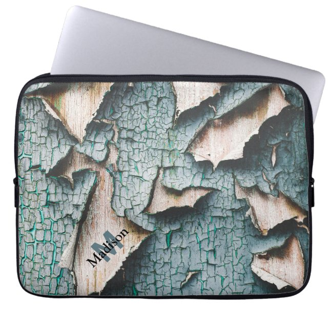Rustig, gammal, ljusblå grönt, skalningsfärg Monog Laptop Fodral (Framsidan)