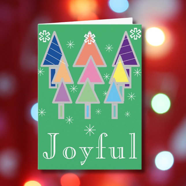 Rustig, Glatt Helgdag Script-Grönt i Namn, jul Kort ('Joyful' green holiday card with colorful abstract art Christmas trees.)