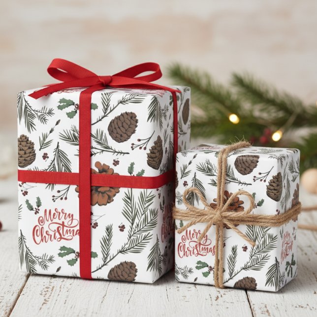 Rustig God Jul Kottkottar & Järnbär Presentpapper (Rustic Merry Christmas Pinecones, Holly Berry, Evergreen Pattern Elegant Holiday Wrapping Paper.)