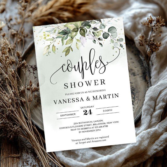 Rustig grå bladdusch av eucalyptus par inbjudningar (Rustic greenery foliage eucalyptus couples shower invitation)