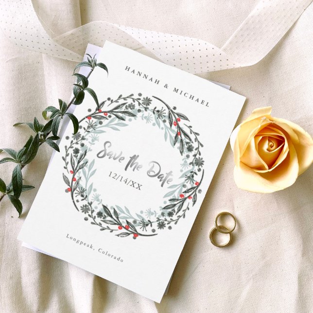 Rustig grön vinterbröllop Spara datumkortet Inbjudningar (Skapare uppladdad)