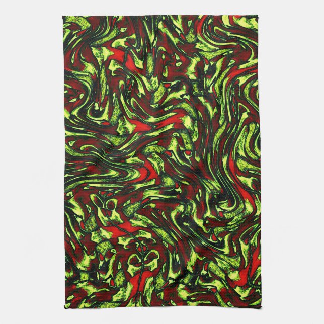 Rustig, grönaktig gult och levande röd kurvor kökshandduk (Vertikal)