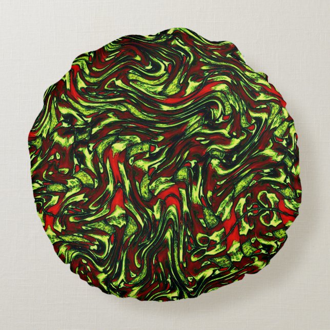 Rustig, grönaktig gult och levande röd kurvor rund kudde (Baksidan)