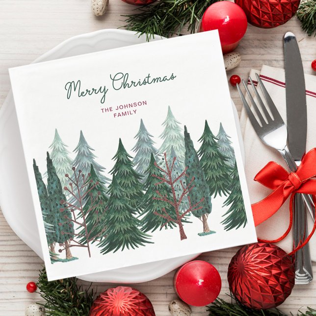 Rustig grönt Träd Forest Juli Helgdag Pappersservett (Pine Trees Forest | Christmas Holiday Napkins, image freepik)