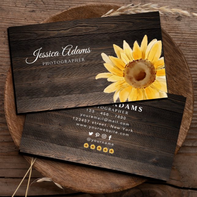 Rustig Gult Solrosfärgsträ Visitkort (Rustic Yellow Sunflower Watercolor Wooden Business Card,#sunflower #handpaintedsunflower #watercolor)