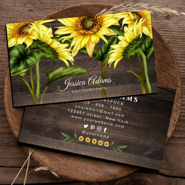 Rustig Gult Solrosfärgsträ Visitkort (Rustic Yellow Sunflower Watercolor Wooden Business Card,#sunflower #handpaintedsunflower #watercolor)