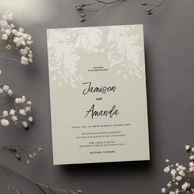 Rustig jordisk neutralt vit blommigt snöre Bröllop Inbjudningar (Rustic earthy neutral white floral lace Wedding )