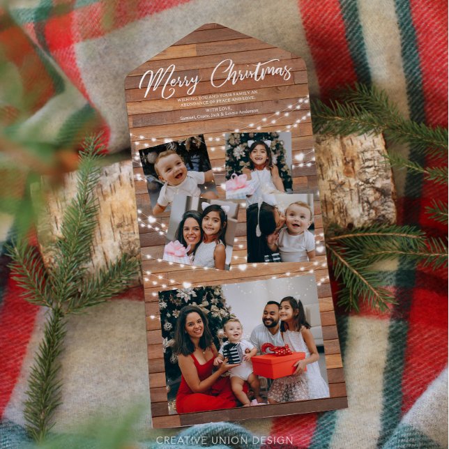 Rustig jul 5 fotoalla i ett julkort (Rustic Wood Custom Christmas Card)